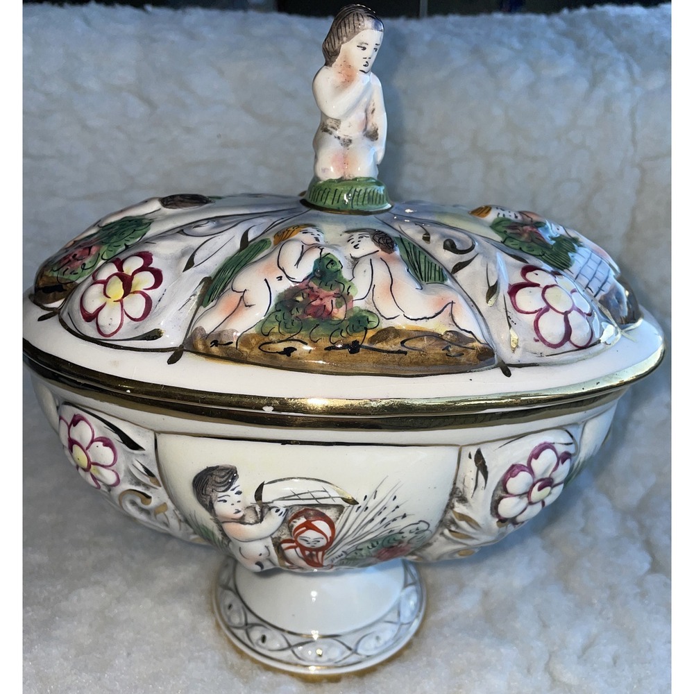Vintage Capodimonte Italy Gilded Cherub Centerpiece/Bowl With Lid Stamped+Number